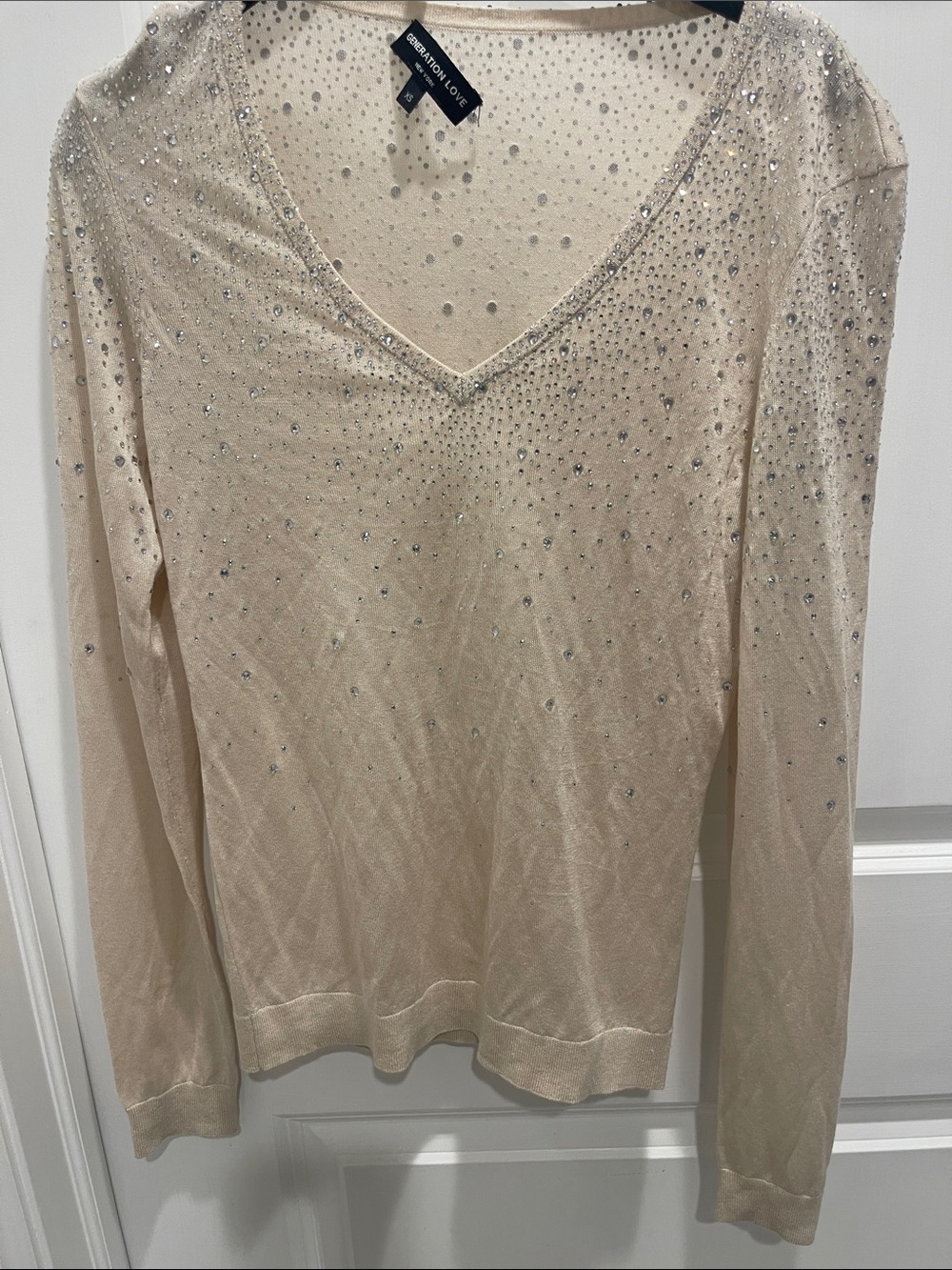 Generation Love Cream V-Neck Sweater with Rhinestone Embellishment